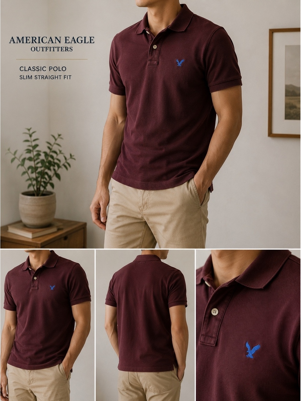 American Eagle Outfitters Classic Polo Shirt Slim Straight Fit Medium Burgundy